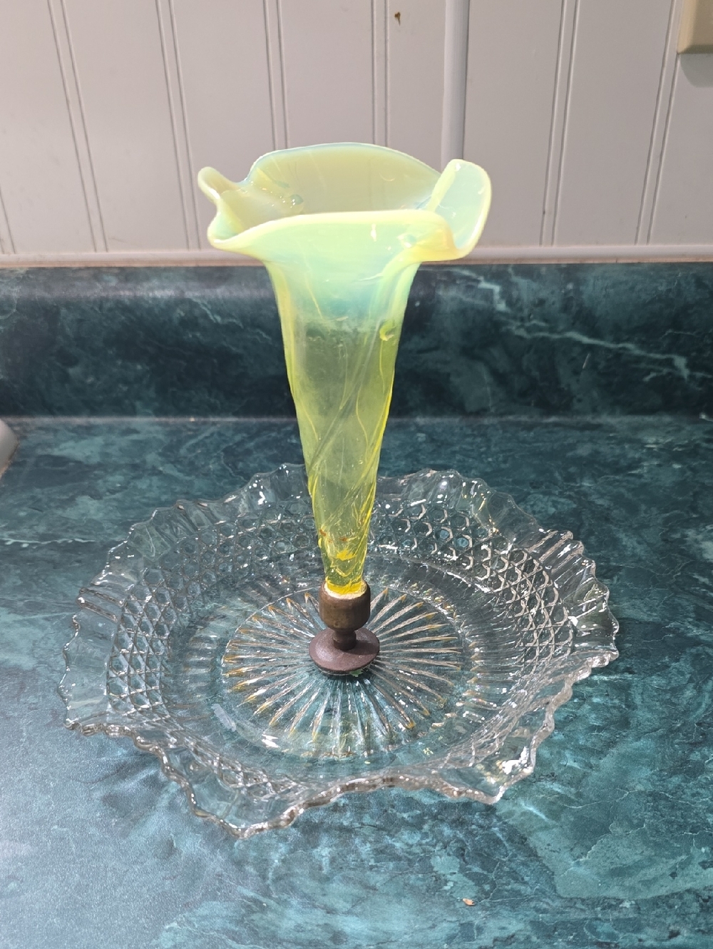 Vintage Vaseline Glass Epergne Center Piece, Glows Used Unsteady Base